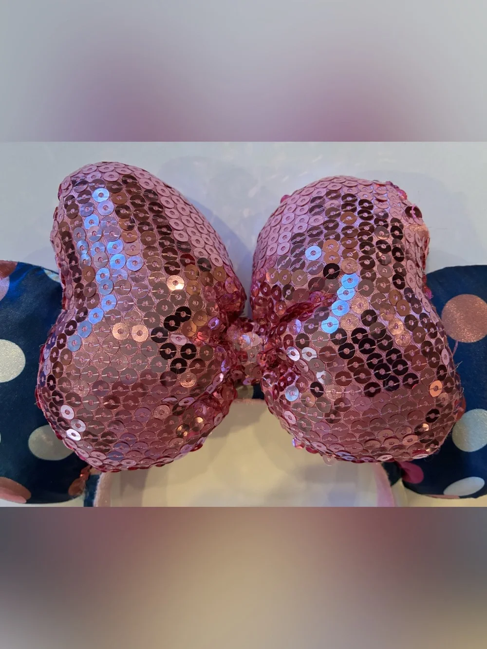 Disney Parks Minnie Mouse Ears Headband Navy Polka Dot Pink Sequin Bow
